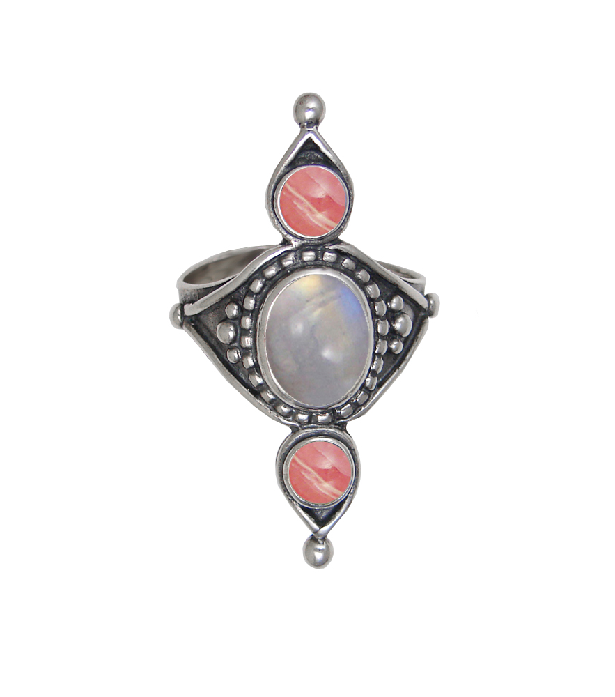 Sterling Silver Royal Ring With Rainbow Moonstone And Rhodocrosite Size 9